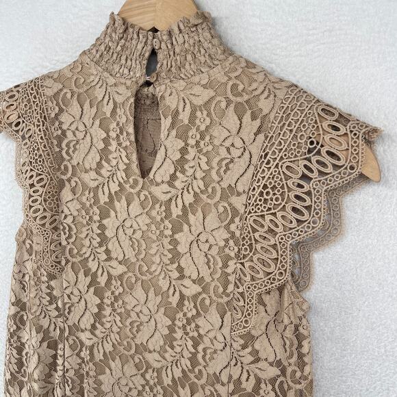 CABLE & GAUGE Tank Top XS Floral Lace Overlay Blouse Mock Neck Brown NEW - Picture 7 of 12